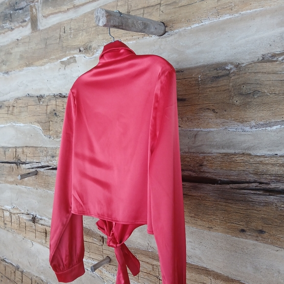 Rebdolls Red Satin Long Sleeved Tie Front Blouse Large - Picture 6 of 8